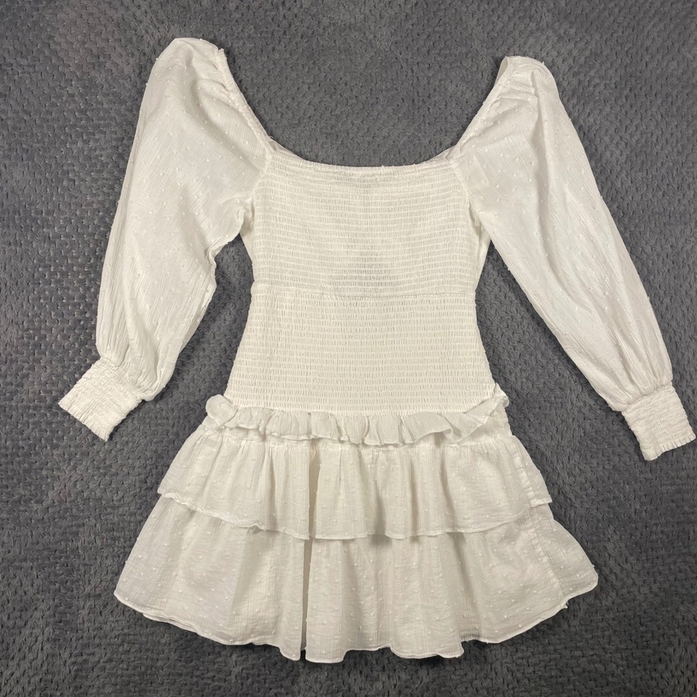 ASTR The Label Marietta Dress Size L White Swiss Dot Smocked Tiered Ruffle Mini - Picture 6 of 9
